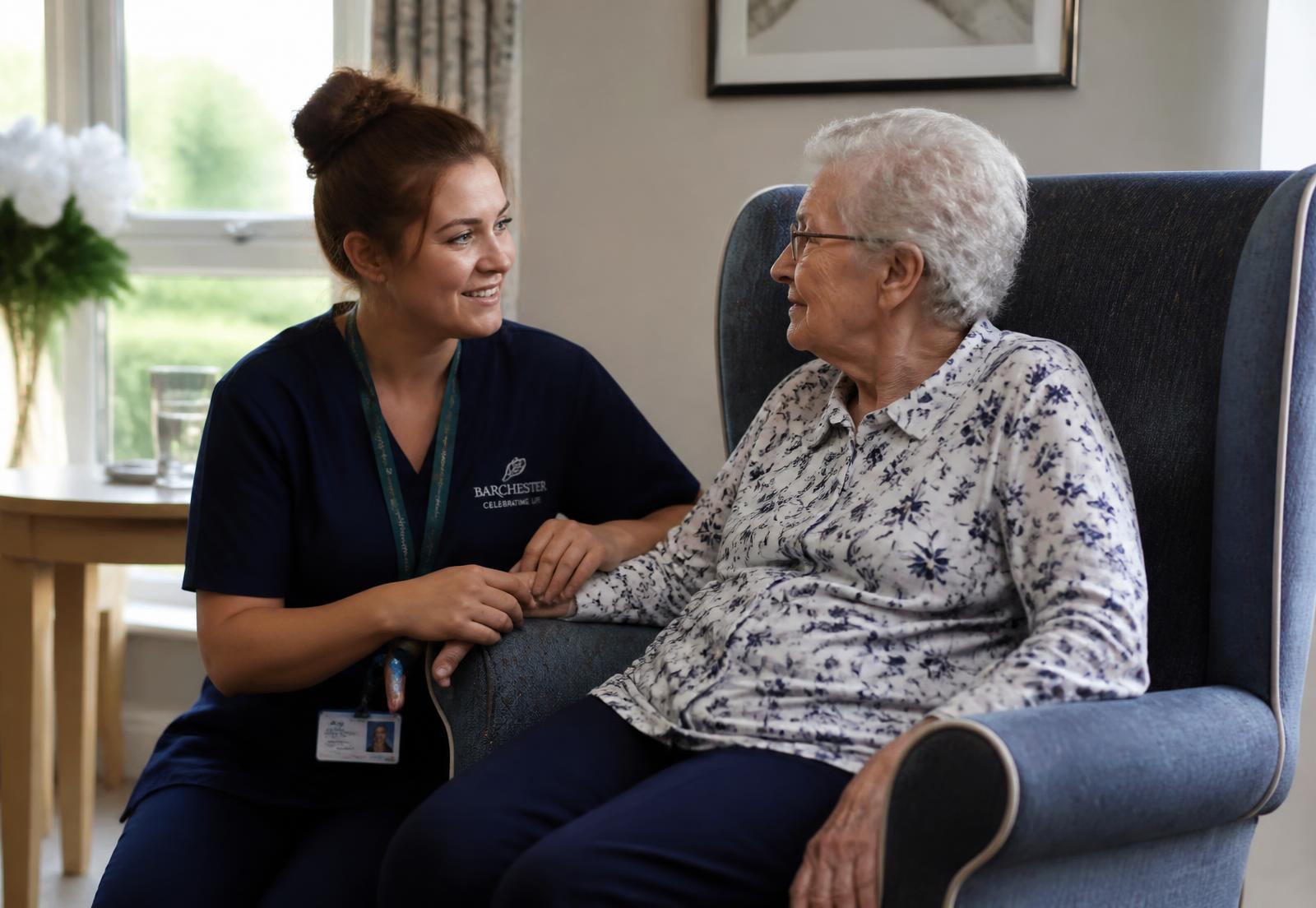 A care worker supporting an older resident in a bright UK care home lounge